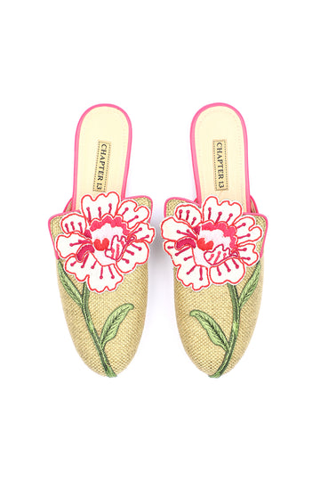 Woven Fabric mule with hand embroidered appliqué flower