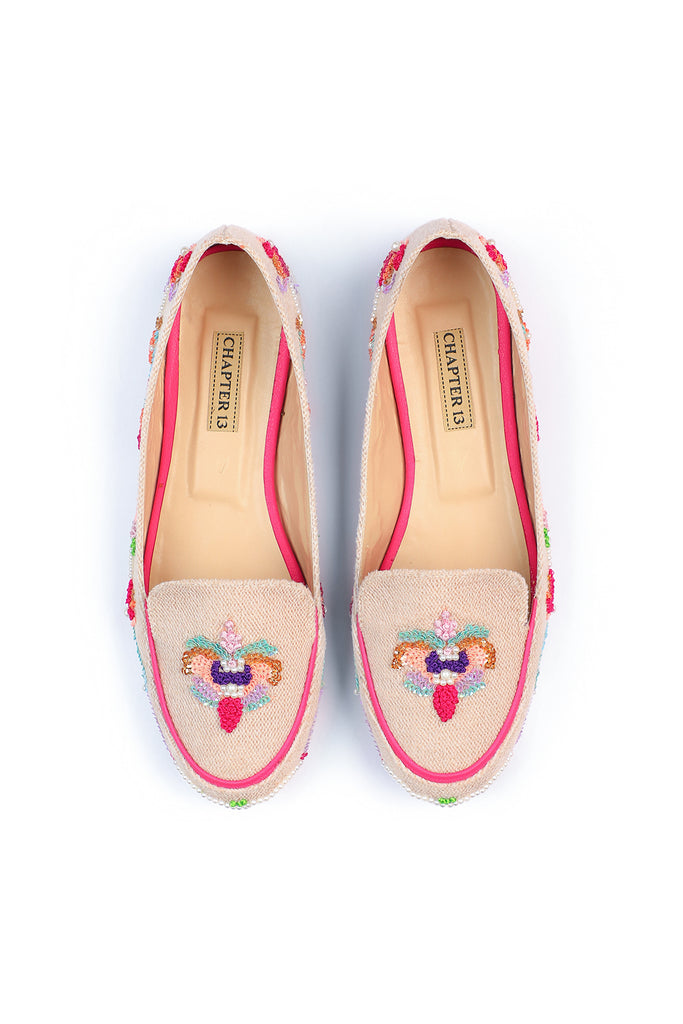 Hand embroidered  loafers with French knots, pearls and sequins