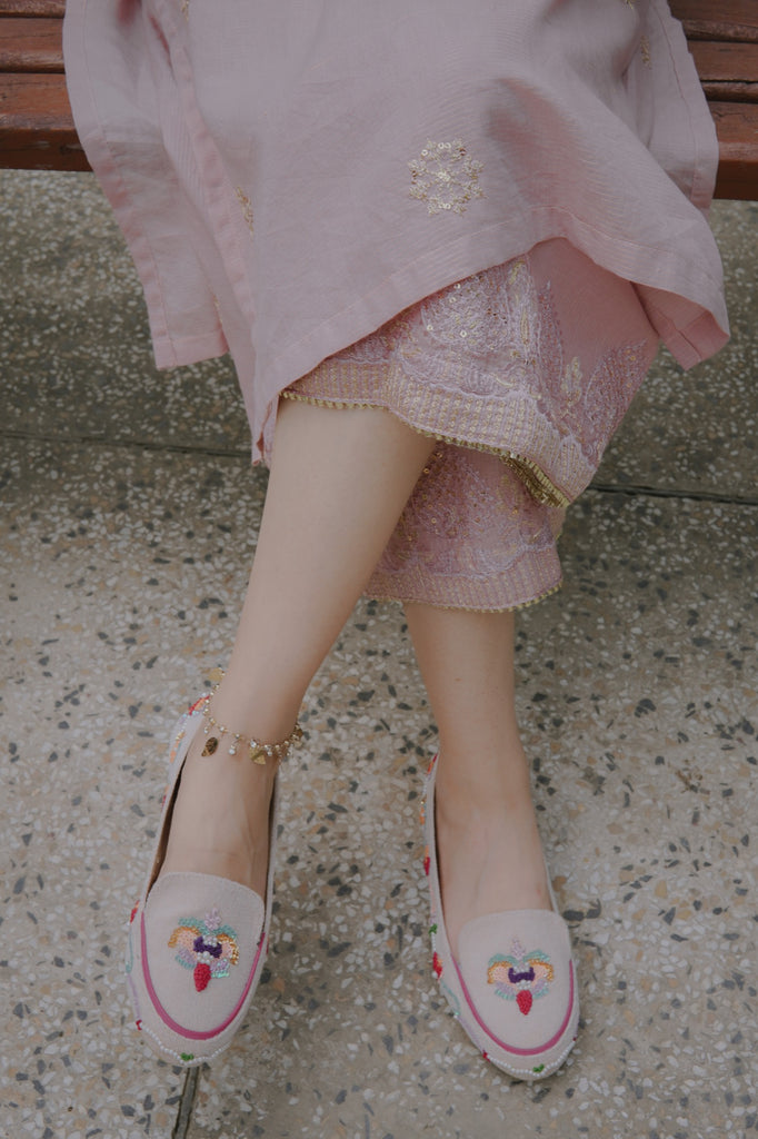 Hand embroidered  loafers with French knots, pearls and sequins
