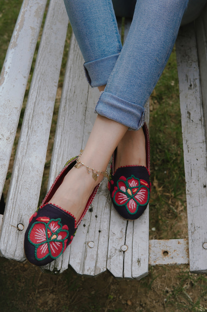 Heavily hand embroidered Loafers with contrasting edging
