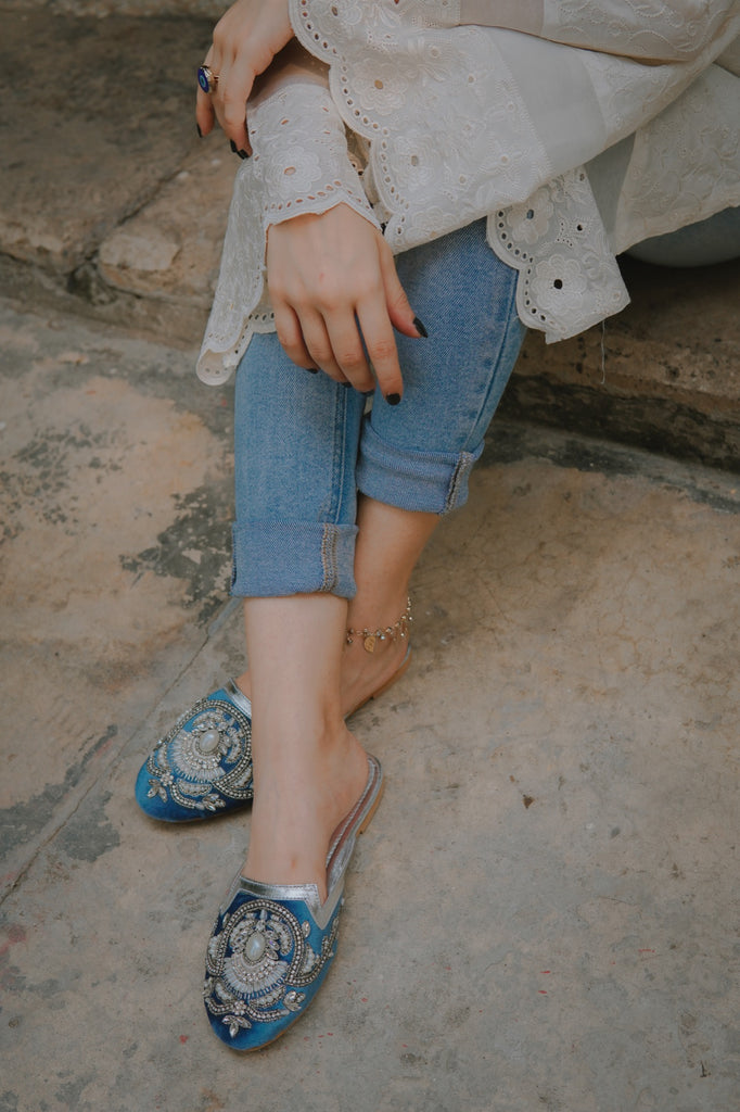 Hand embroidered mules with crystals, pearls and chain