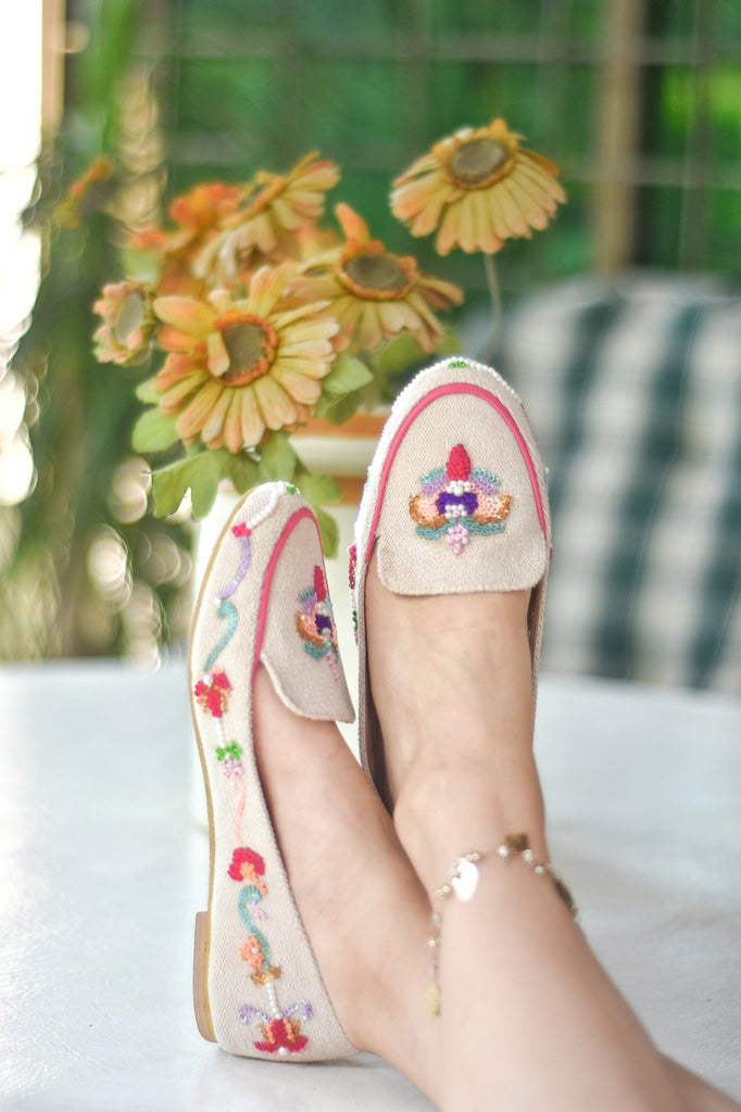 Hand embroidered  loafers with French knots, pearls and sequins