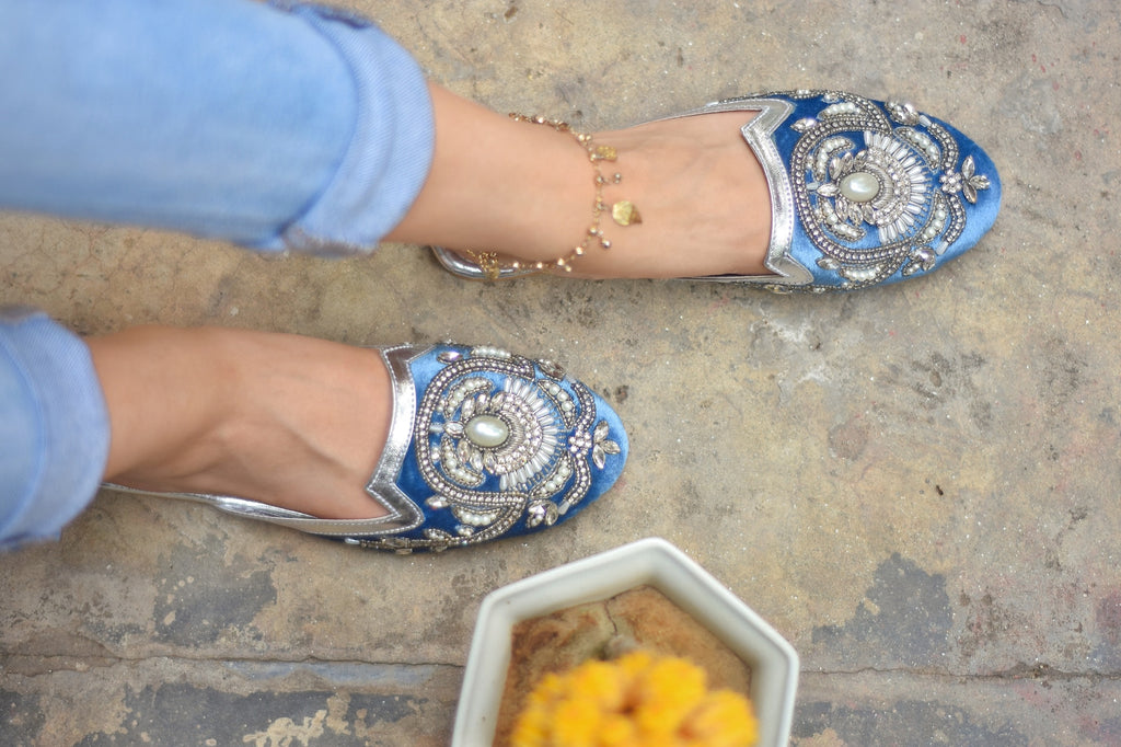 Hand embroidered mules with crystals, pearls and chain