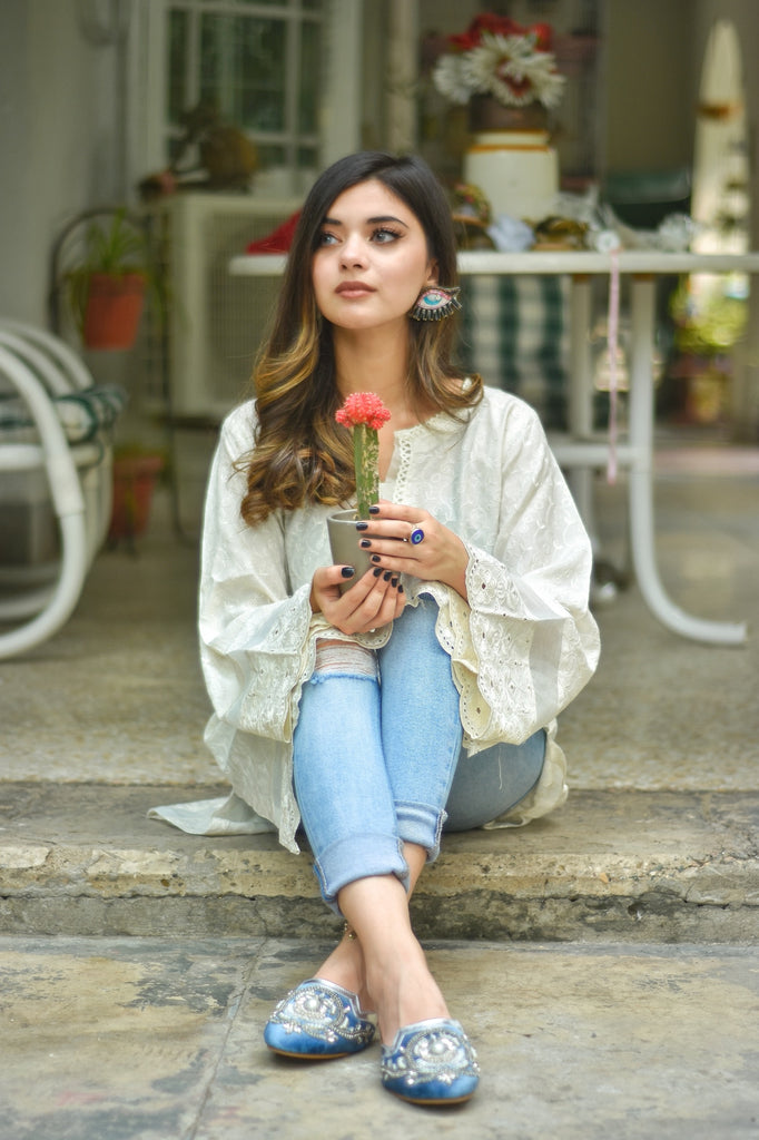 Hand embroidered mules with crystals, pearls and chain