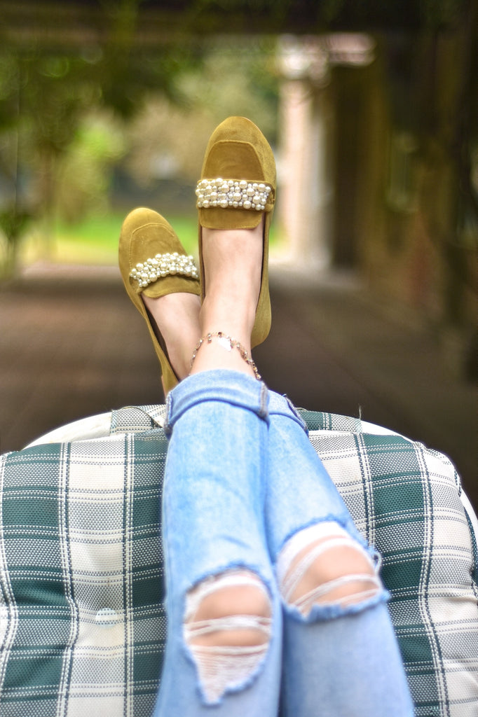 Velvet classic loafers  with a hint of pearls for everyday wear