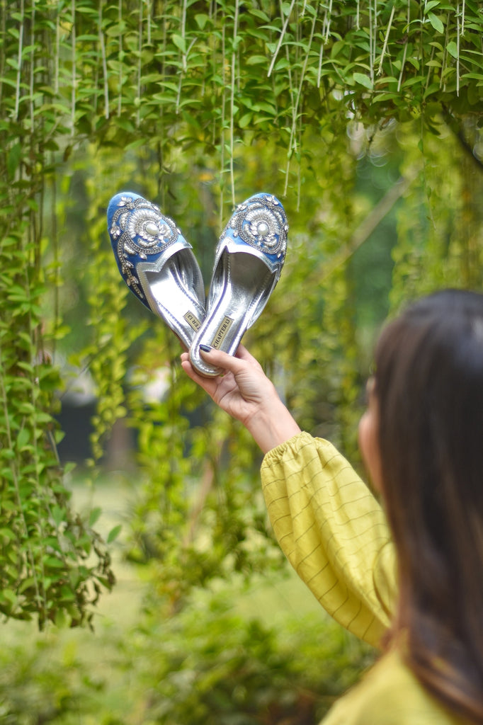 Hand embroidered mules with crystals, pearls and chain