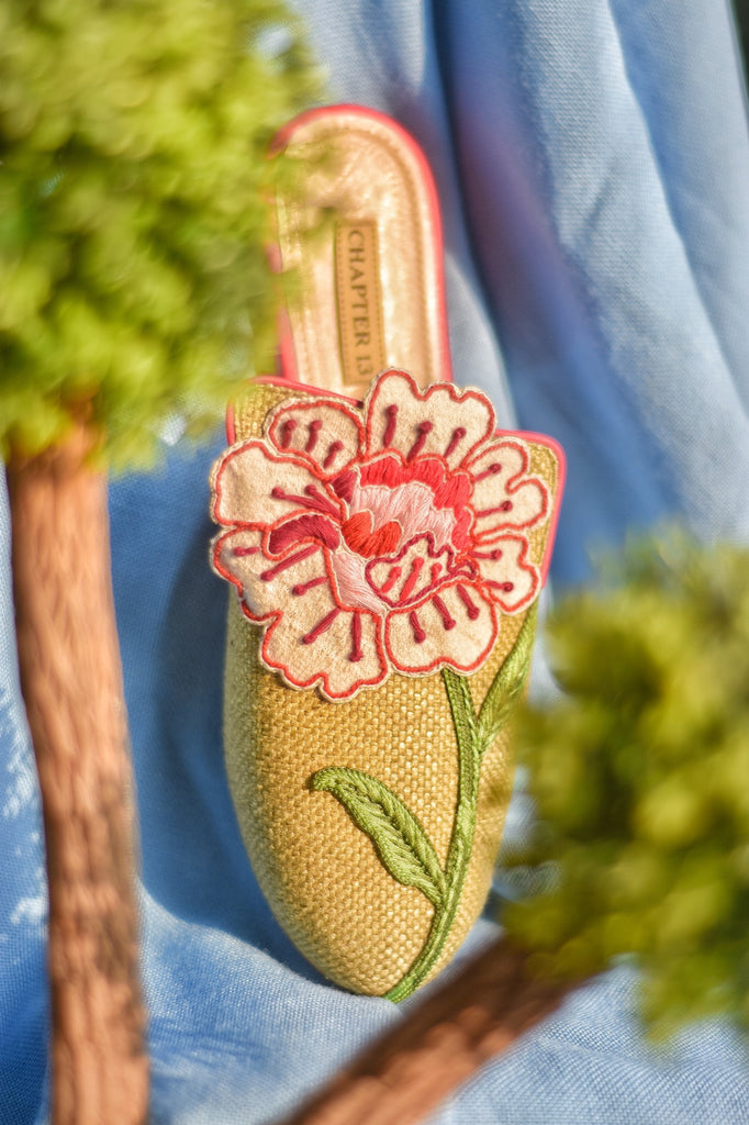 Woven Fabric mule with hand embroidered appliqué flower
